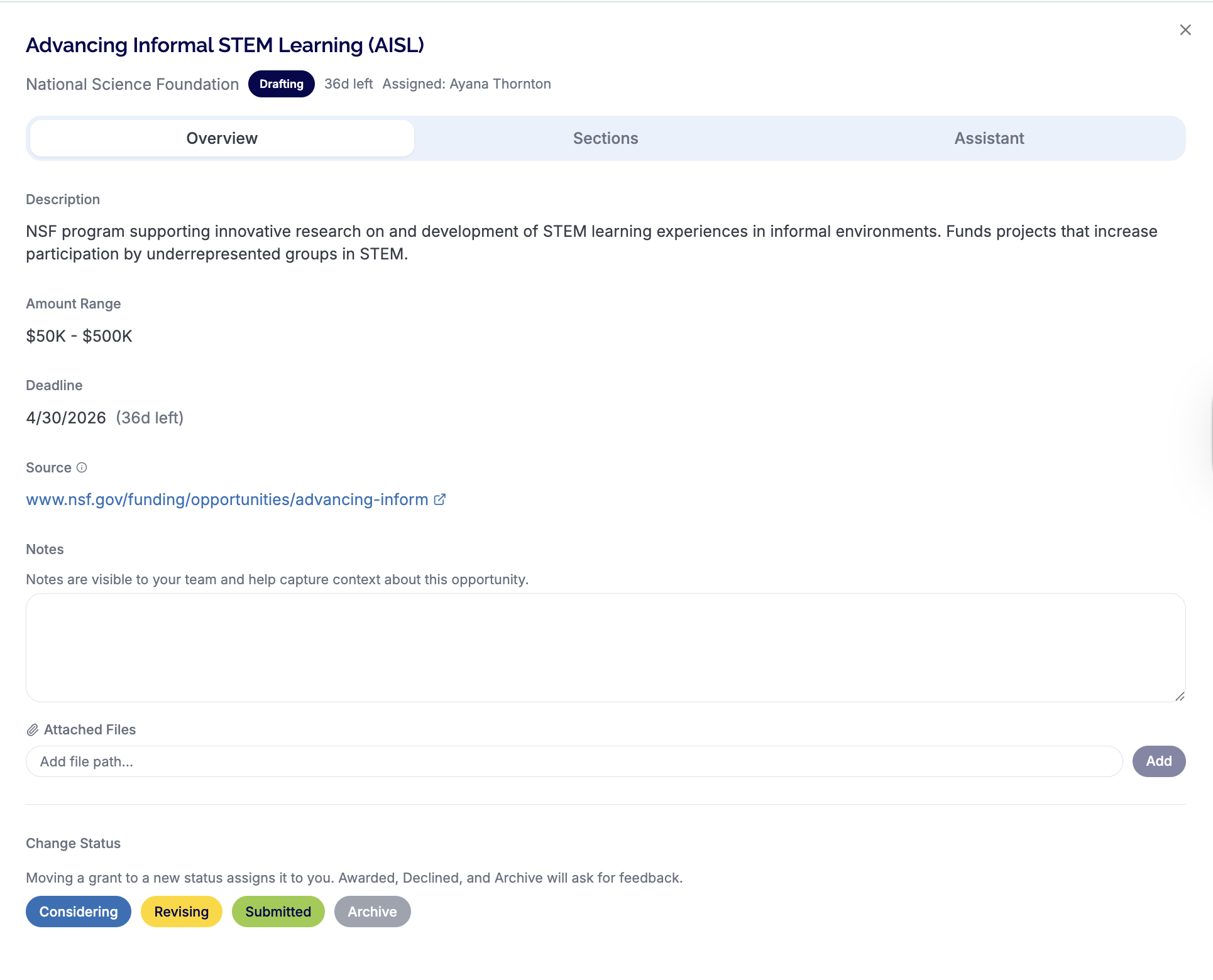 GrantMinder grant detail view showing deadline tracking, funder information, and application sections