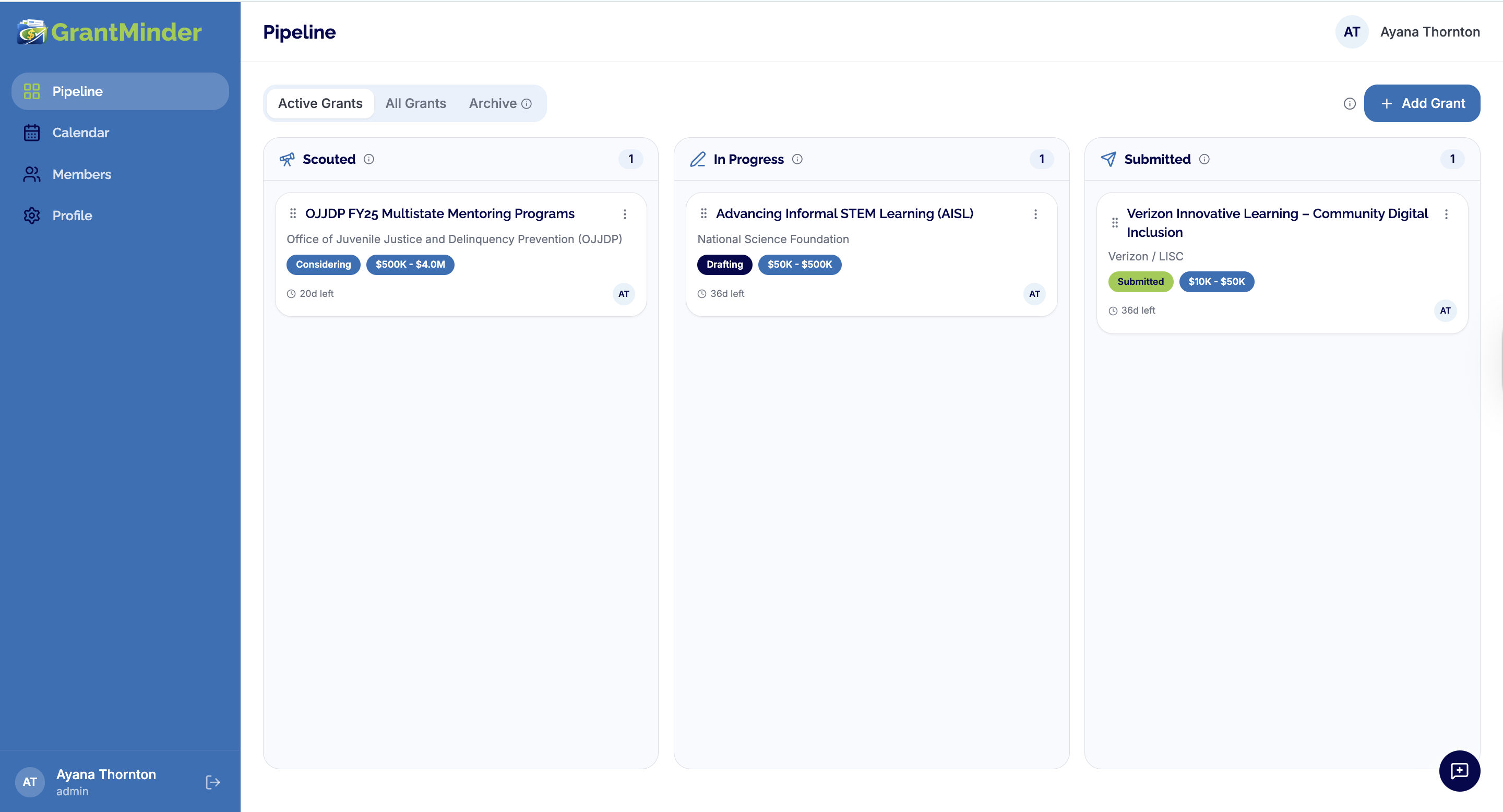 GrantMinder grant pipeline showing opportunities across Scouted, In Progress, and Submitted stages